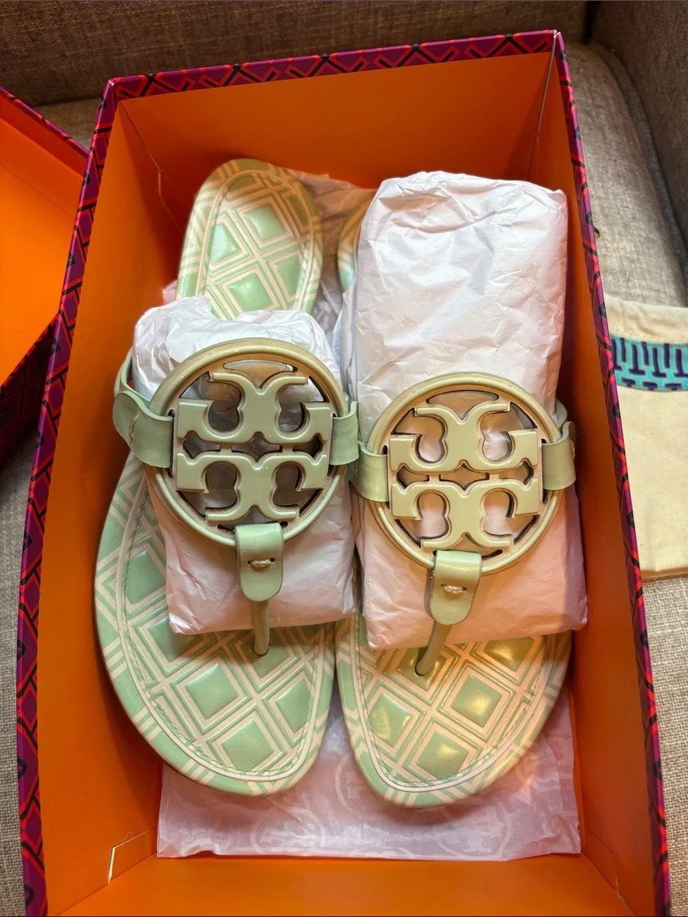 New in Box Tory Burch Miller Leather Sandals in New Ivory/ Meadow Mist size 9.5